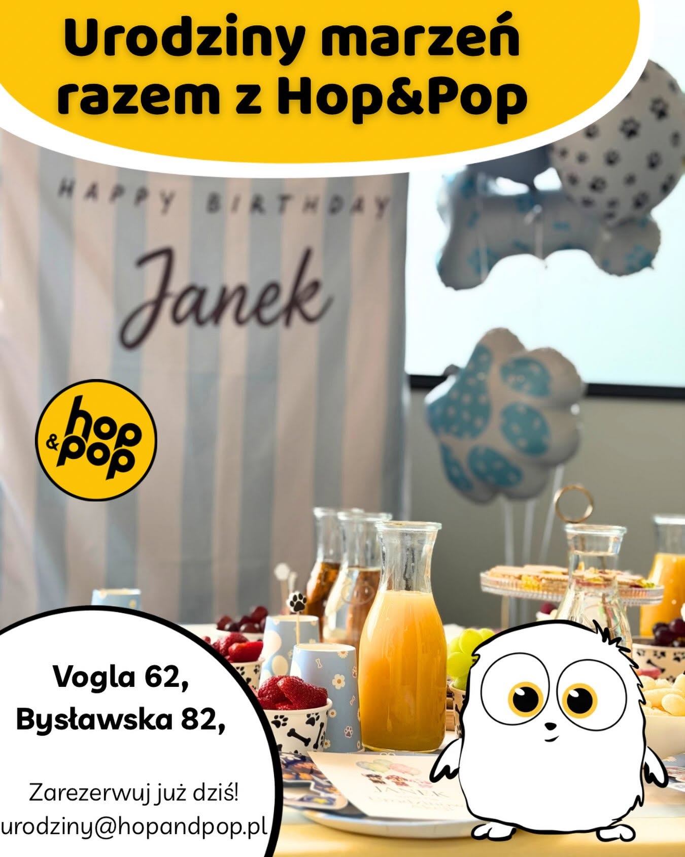 Urodzinowa aranżacja Hop&Pop z dekoracjami i poczęstunkiem